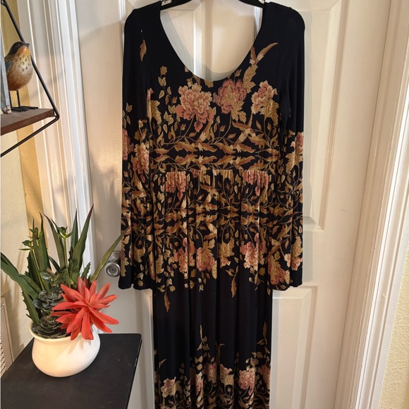 Free People Black and Gold Floral Long Sleeve Boho Revival Dress, Size M - Picture 3 of 5